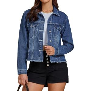 imageluvamia Denim Jacket for Women Distressed Jean Jackets Button Up Vintage Western Trucker Jacket Frayed Hem PocketsTimeless Blue