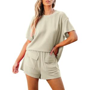 imageluvamia Lounge Sets for Women 2 Piece Casual Summer Outfit Knitted Tops Matching Shorts with Pockets Comfy Co Ord SetsLight Sage