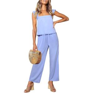 imageluvamia Two Piece Outfits for Women Flowy Square Neck Top High Waisted Wide Leg Pants with Pockets Vacation 2 Piece SetsWhispy Blue