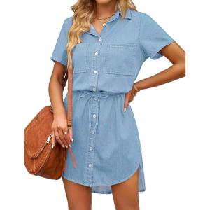 imageluvamia Women Casual Denim Dress Short Sleeve Tie Waist Classic Jean Shirt DressCool Blue