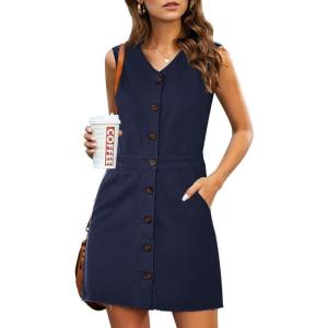 imageluvamia Womens Casual V Neck Sleeveless Jeans Button Down Denim Short DressNavy Blue