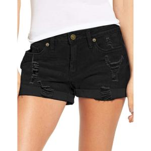 imageluvamia Womens Ripped Denim Jean Shorts High Waisted Stretchy Folded Hem Short JeansA2 Close to the Edge Black