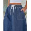 imageluvamia Denim Skirts for Women Trendy A Line Long Maxi Pull On Elastic Waist Drawstring Stretchy Jean Skirt with PocketsClassic Blue