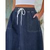 imageluvamia Denim Skirts for Women Trendy A Line Long Maxi Pull On Elastic Waist Drawstring Stretchy Jean Skirt with PocketsDark Blue