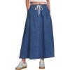 imageluvamia Denim Skirts for Women Trendy A Line Long Maxi Pull On Elastic Waist Drawstring Stretchy Jean Skirt with PocketsClassic Blue