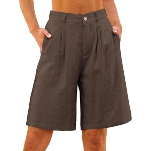 imageluvamia Bermuda Shorts for Women High Waisted Linen Dressy Casual Pleated Wide Leg Summer Shorts with Elastic WaistCoffee Brown