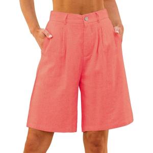 imageluvamia Bermuda Shorts for Women High Waisted Linen Dressy Casual Pleated Wide Leg Summer Shorts with Elastic WaistCoral Red