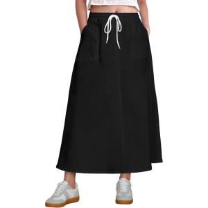 imageluvamia Denim Skirts for Women Trendy A Line Long Maxi Pull On Elastic Waist Drawstring Stretchy Jean Skirt with PocketsTrue Black
