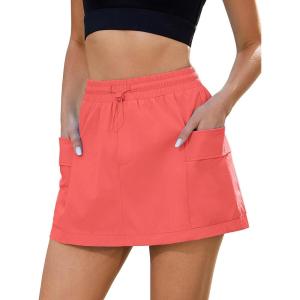 imageluvamia Skorts for Woman High Waisted Pull On Elastic Waist Cargo Pockets Quick Dry Hiking Tennis Sports Skirt ShortsSpiced Coral