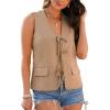 imageluvamia Linen Vest for Women Trendy Sleeveless Tie Front Tops Summer Casual Top Waistcoat Suit Vests with PocketsCamel