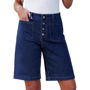 imageluvamia Bermuda Shorts for Women Jean High Waisted Trendy Patch Pockets Casual Summer Button Fly Stretchy Denim ShortsDarkness Blue