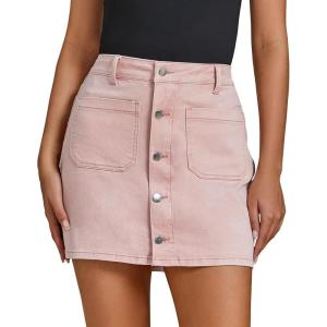 imageluvamia Jean Skirts for Women Denim High Waisted Trendy Stretchy Mini Button Front Short Pencil Skirt with Patch PocketsCandy Pink