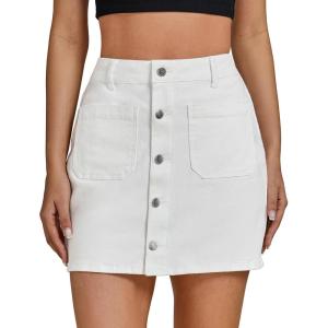 imageluvamia Jean Skirts for Women Denim High Waisted Trendy Stretchy Mini Button Front Short Pencil Skirt with Patch PocketsCream White