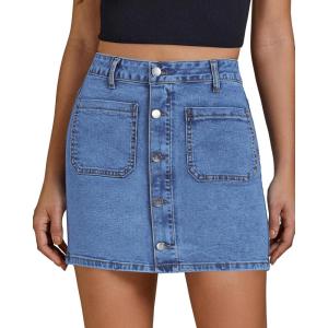 imageluvamia Jean Skirts for Women Denim High Waisted Trendy Stretchy Mini Button Front Short Pencil Skirt with Patch PocketsMedium Blue