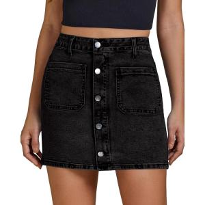 imageluvamia Jean Skirts for Women Denim High Waisted Trendy Stretchy Mini Button Front Short Pencil Skirt with Patch PocketsWashed Black