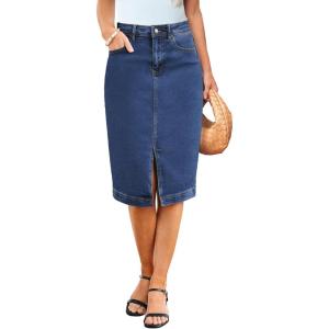 imageluvamia Jean Skirts for Women Denim Trendy Summer Casual Stretchy High Waisted Midi Below Knee Pencil Skirt with SlitClassic Blue