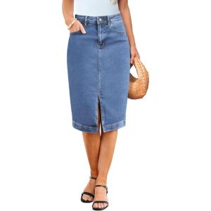imageluvamia Jean Skirts for Women Denim Trendy Summer Casual Stretchy High Waisted Midi Below Knee Pencil Skirt with SlitMedium Blue