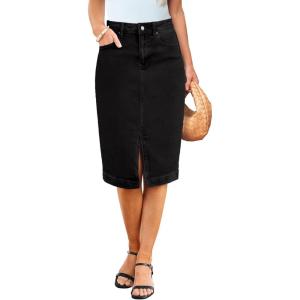 imageluvamia Jean Skirts for Women Denim Trendy Summer Casual Stretchy High Waisted Midi Below Knee Pencil Skirt with SlitTrue Black