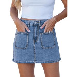 imageluvamia Jean Skorts for Woman Trendy High Waisted Stretchy Denim Skirt with Shorts Casual Patch Pocket Mini Skort SkirtsMedium Blue