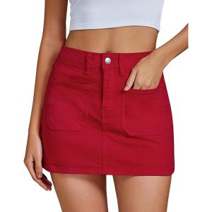 imageluvamia Jean Skorts for Woman Trendy High Waisted Stretchy Denim Skirt with Shorts Casual Patch Pocket Mini Skort SkirtsRed