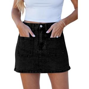 imageluvamia Jean Skorts for Woman Trendy High Waisted Stretchy Denim Skirt with Shorts Casual Patch Pocket Mini Skort SkirtsWashed Black