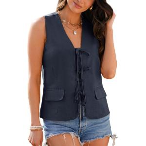 imageluvamia Linen Vest for Women Trendy Sleeveless Tie Front Tops Summer Casual Top Waistcoat Suit Vests with PocketsDark Blue