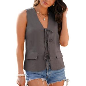imageluvamia Linen Vest for Women Trendy Sleeveless Tie Front Tops Summer Casual Top Waistcoat Suit Vests with PocketsDark Gray