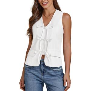 imageluvamia Linen Vest for Women Trendy Sleeveless Tie Front Tops Summer Casual Top Waistcoat Suit Vests with PocketsWhite