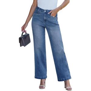 imageluvamia Wide Leg Jeans for Women Trendy High Waisted Welt Pockets Stretchy Denim Jeans Work Casual Trousers PantsClassic Blue