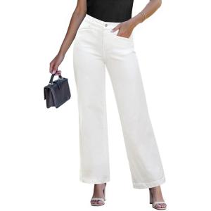 imageluvamia Wide Leg Jeans for Women Trendy High Waisted Welt Pockets Stretchy Denim Jeans Work Casual Trousers PantsCream White