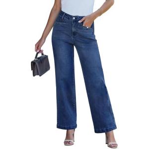 imageluvamia Wide Leg Jeans for Women Trendy High Waisted Welt Pockets Stretchy Denim Jeans Work Casual Trousers PantsDarkness Blue