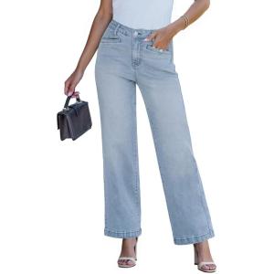 imageluvamia Wide Leg Jeans for Women Trendy High Waisted Welt Pockets Stretchy Denim Jeans Work Casual Trousers PantsLakeside Blue