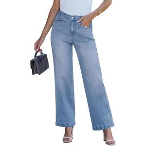 imageluvamia Wide Leg Jeans for Women Trendy High Waisted Welt Pockets Stretchy Denim Jeans Work Casual Trousers PantsMedium Blue