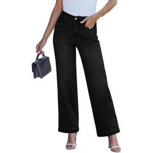 imageluvamia Wide Leg Jeans for Women Trendy High Waisted Welt Pockets Stretchy Denim Jeans Work Casual Trousers PantsTrue Black