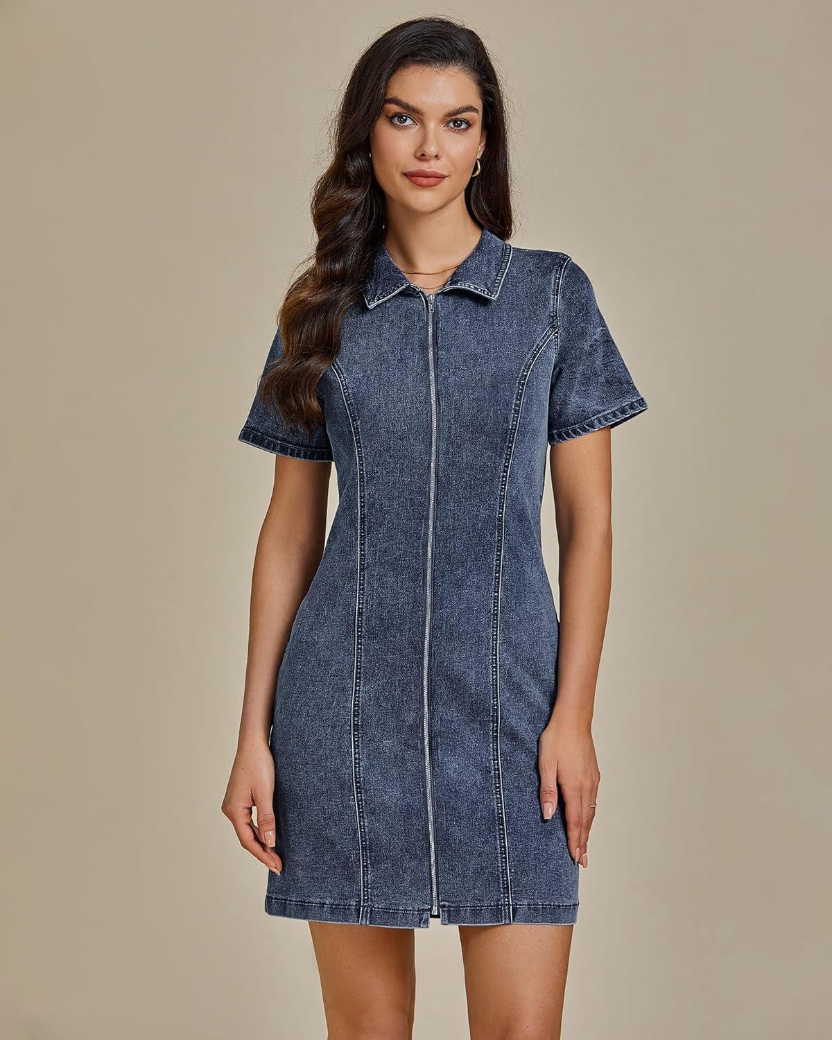 imageluvamia Denim Dresses for Women Summer Casual Zip Up Short Sleeve Western Short Stretchy Jean Dress with PocketsVintage Dark Blue