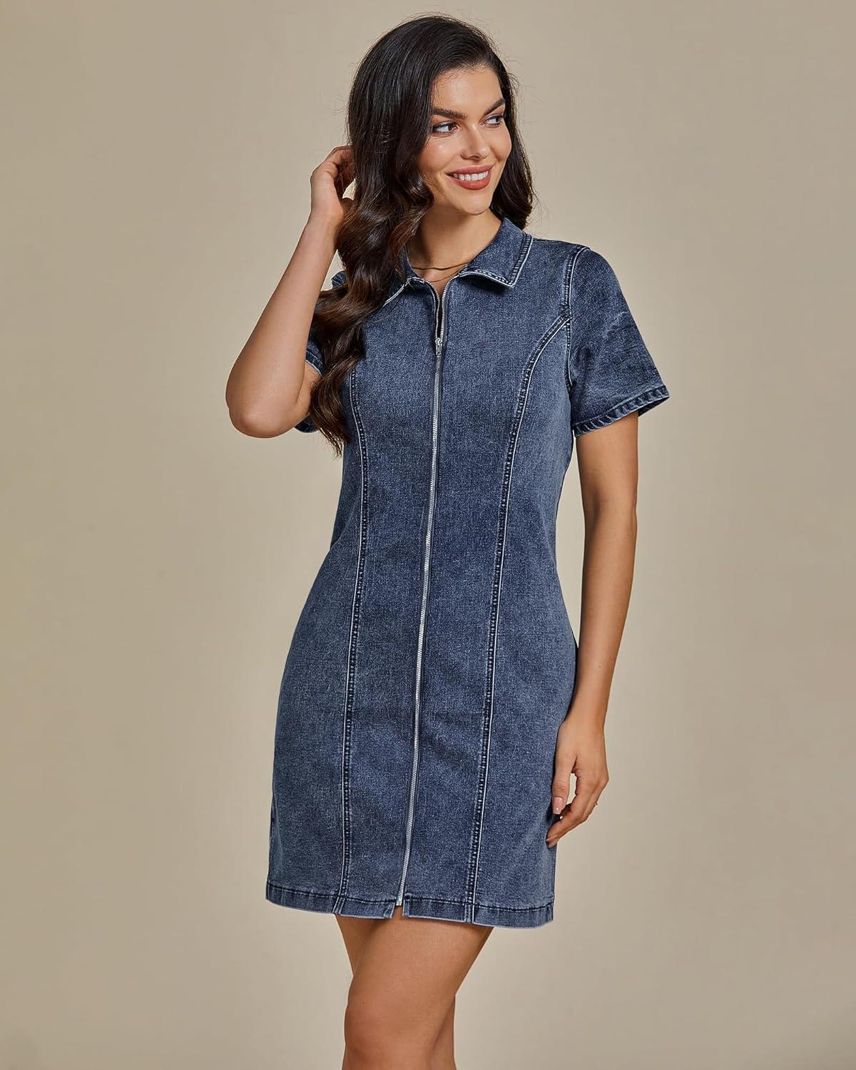 imageluvamia Denim Dresses for Women Summer Casual Zip Up Short Sleeve Western Short Stretchy Jean Dress with PocketsVintage Dark Blue