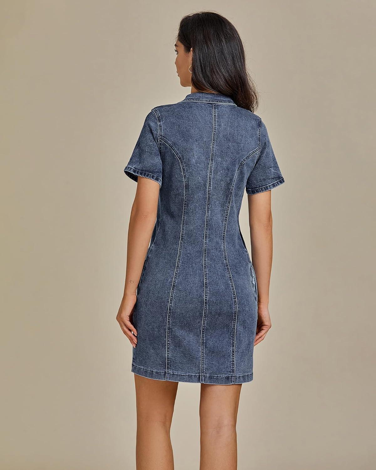 imageluvamia Denim Dresses for Women Summer Casual Zip Up Short Sleeve Western Short Stretchy Jean Dress with PocketsVintage Dark Blue