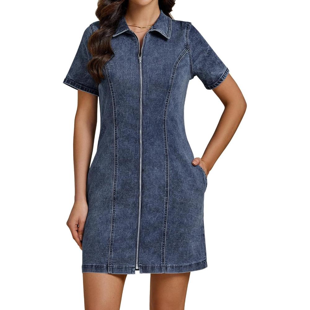 imageluvamia Denim Dresses for Women Summer Casual Zip Up Short Sleeve Western Short Stretchy Jean Dress with PocketsVintage Dark Blue