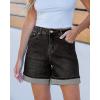 imageluvamia Jean Shorts for Women Trendy High Waisted Mid Thigh Fold Hem Cutoff Casual Summer Stretchy Denim Shorts JortsWashed Black