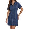 imageluvamia Denim Dresses for Women Summer Casual Zip Up Short Sleeve Western Short Stretchy Jean Dress with PocketsClassic Blue