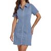 imageluvamia Denim Dresses for Women Summer Casual Zip Up Short Sleeve Western Short Stretchy Jean Dress with PocketsRoadknight Blue