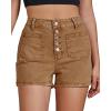 imageluvamia Jean Shorts Womens High Waisted Trendy Button Fly Patch Pocket Side Split Casual Summer Stretchy Denim ShortsToffee Brown
