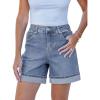 imageluvamia Jean Shorts for Women Trendy High Waisted Mid Thigh Fold Hem Cutoff Casual Summer Stretchy Denim Shorts JortsBay Blue