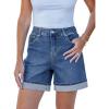 imageluvamia Jean Shorts for Women Trendy High Waisted Mid Thigh Fold Hem Cutoff Casual Summer Stretchy Denim Shorts JortsMedium Blue