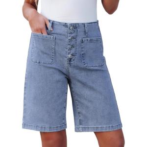 imageluvamia Bermuda Shorts for Women Jean High Waisted Trendy Patch Pockets Casual Summer Button Fly Stretchy Denim ShortsCody Blue