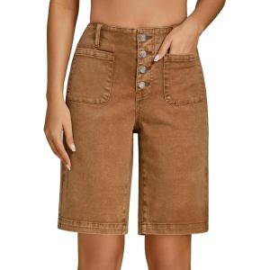 imageluvamia Bermuda Shorts for Women Jean High Waisted Trendy Patch Pockets Casual Summer Button Fly Stretchy Denim ShortsToffee Brown