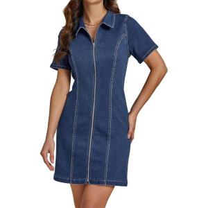 imageluvamia Denim Dresses for Women Summer Casual Zip Up Short Sleeve Western Short Stretchy Jean Dress with PocketsClassic Blue