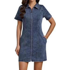 imageluvamia Denim Dresses for Women Summer Casual Zip Up Short Sleeve Western Short Stretchy Jean Dress with PocketsVintage Dark Blue