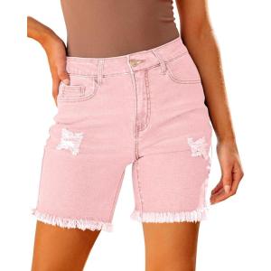 imageluvamia Jean Shorts for Women High Waisted Trendy Casual Distressed Stretchy Denim Long Shorts Ripped Raw Hem ShortsCandy Pink