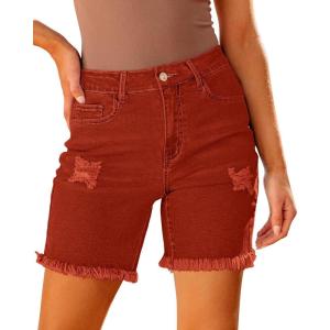 imageluvamia Jean Shorts for Women High Waisted Trendy Casual Distressed Stretchy Denim Long Shorts Ripped Raw Hem ShortsOrange Rust